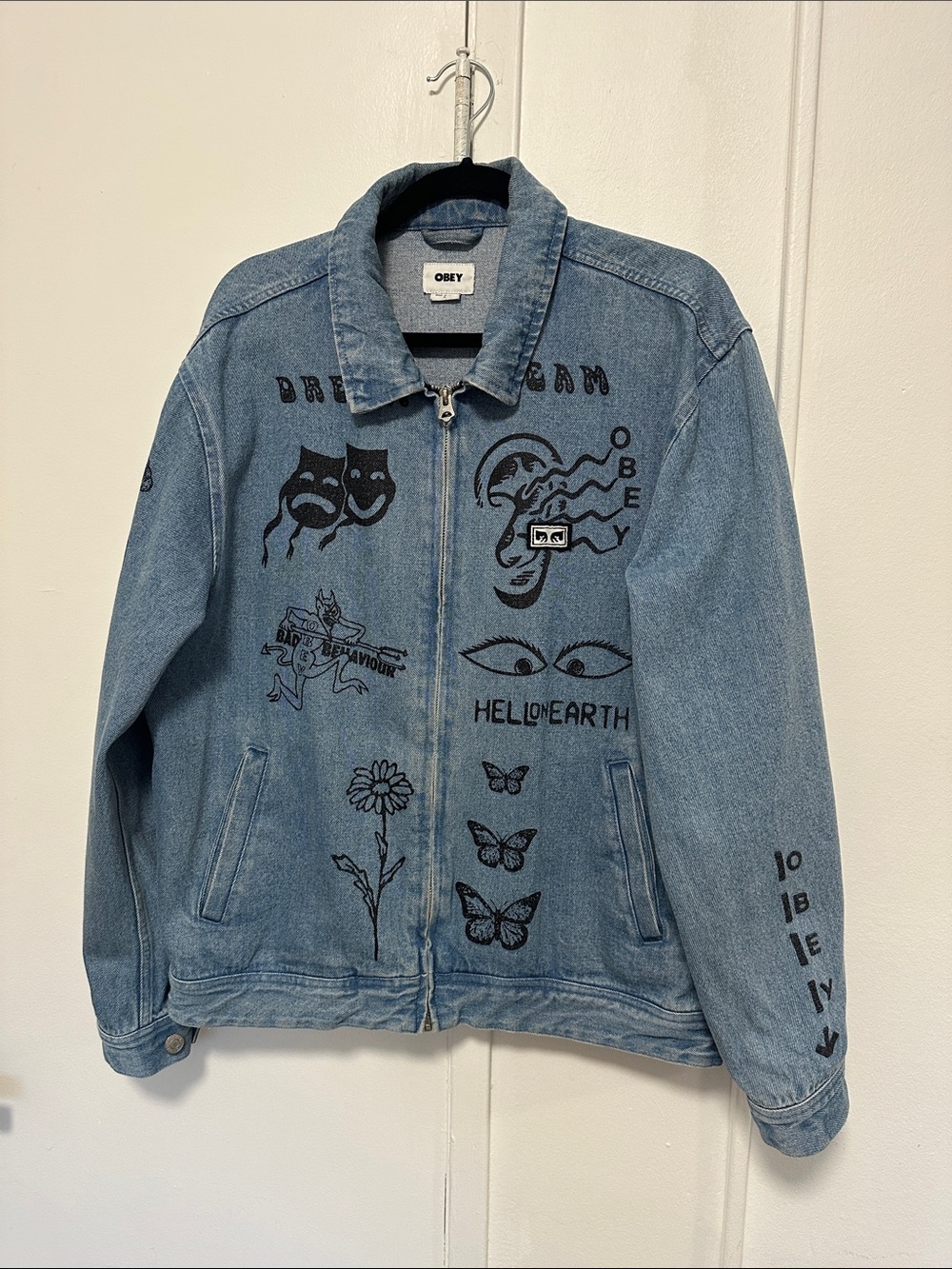 Obey Light Blue Denim Jacket with Black Graphics